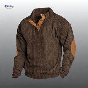 Pull IndieWear en velours côtelé marron, avec patte de boutonnage et coudières marron.