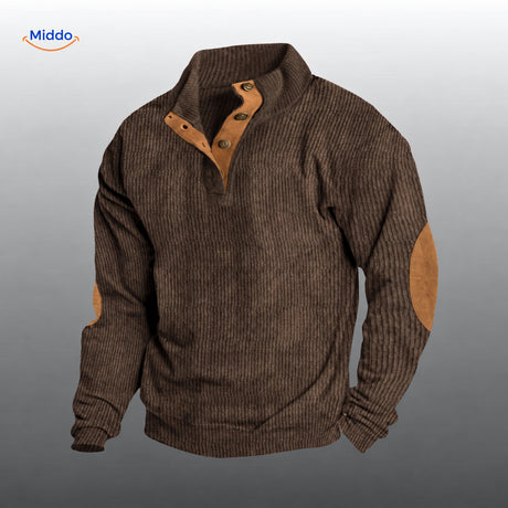 Pull IndieWear en velours côtelé marron, avec patte de boutonnage et coudières marron.