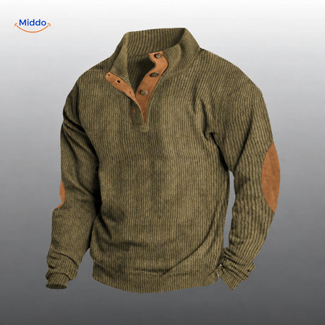 Pull IndieWear en velours côtelé vert armée, avec patte de boutonnage et coudières marron.