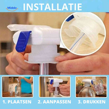 installation facile de la pompe à eau sur bouteille — placer, ajuster et appuyer pour servir