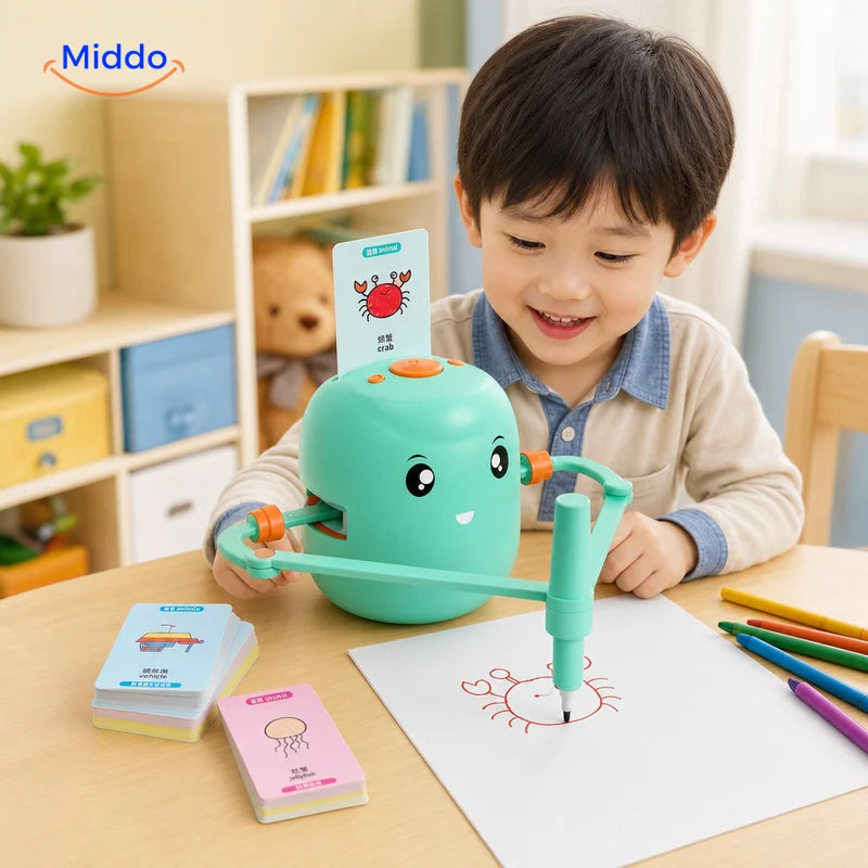 Enfant utilisant le Interactive Drawing Robot avec ses cartes illustrées en anglais