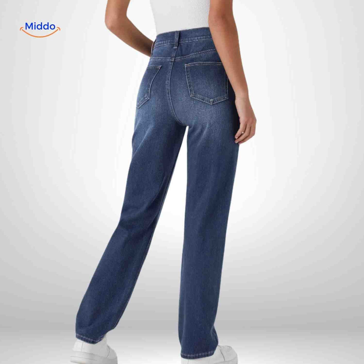 jean femme coupe confort bleu marine vue arrière, design flatteur et tissu stretch de qualité