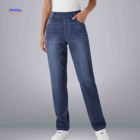jean femme bleu marine coupe confort, taille haute respirante pour un style décontracté élégant