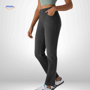 jean skinny stretch femme noir vue de côté, tissu gainant et taille haute pour une silhouette parfaite