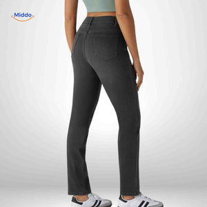 jean slim femme noir vue arrière, coupe flatteuse taille haute et tissu stretch confortable