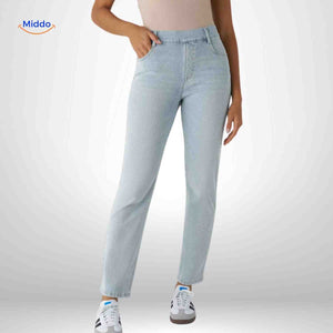 jean femme taille haute bleu clair, silhouette allongée et confort respirant au quotidien