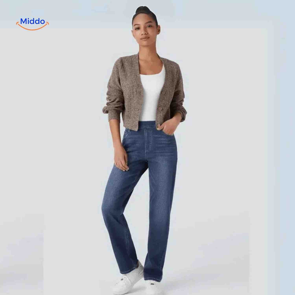 jean femme taille haute coupe confort bleu, respirant et confortable au quotidien