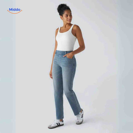 jean femme taille haute stretch bleu, maintien optimal et confort toute la journée