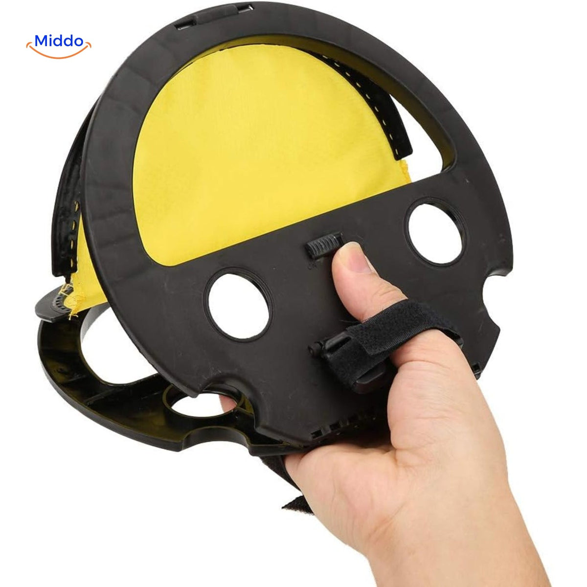 lanceur de balle jaune et noir squap tenu en main, vue de face