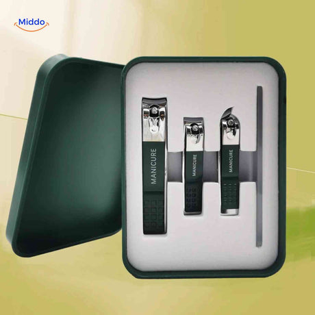 kit manucure premium coupe-ongles anti-éclaboussures dans un coffret vert de luxe