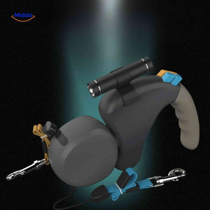 laisse pour deux chiens avec double ligne rétractable et lampe torche intégrée