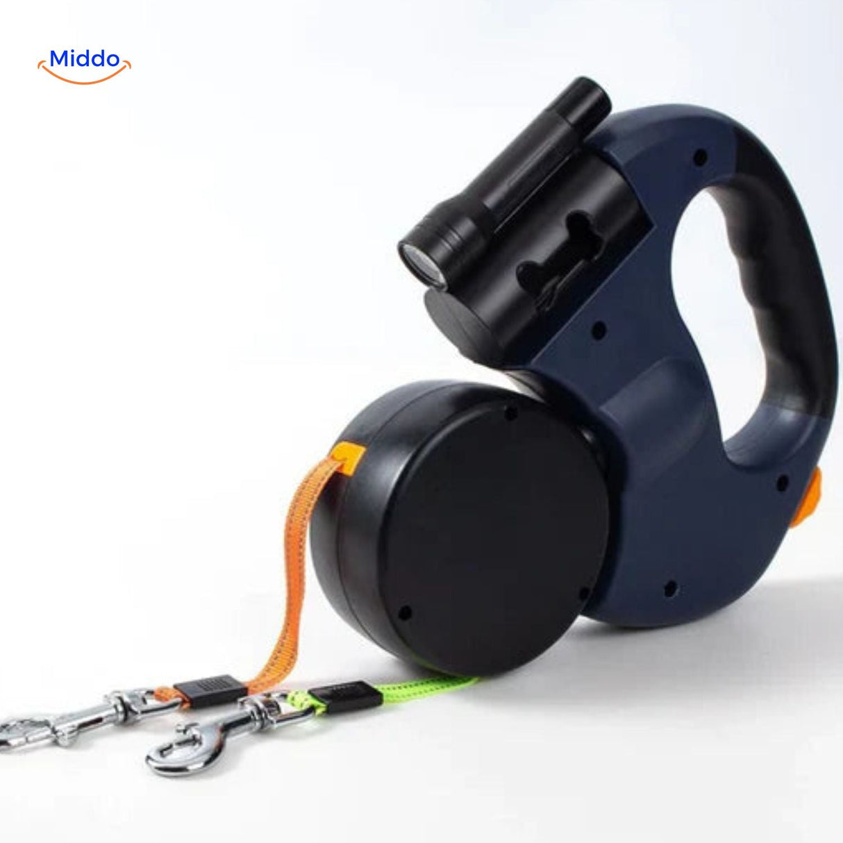 laisse rétractable bleue coloris blanc avec double attache pour deux chiens