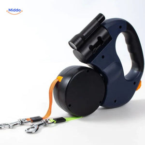 laisse rétractable bleue coloris blanc avec double attache pour deux chiens