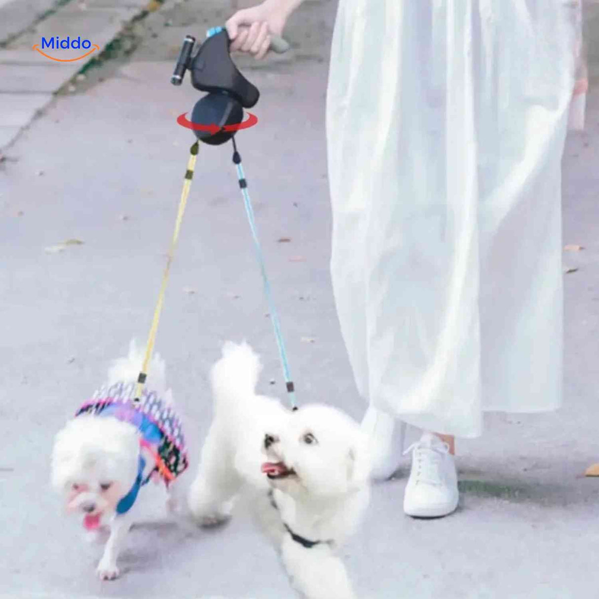 laisse rétractable double avec système anti-embrouillement pour promener deux chiens sans nœuds