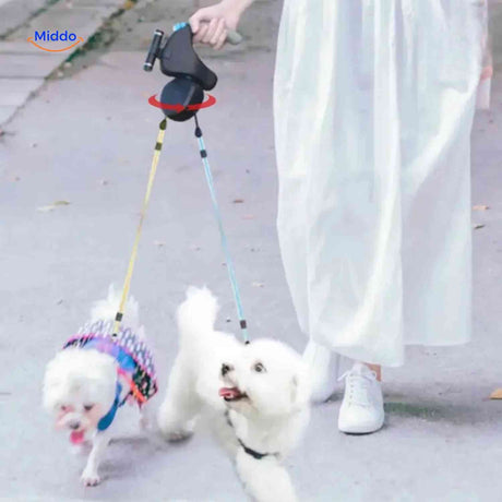 laisse rétractable double avec système anti-embrouillement pour promener deux chiens sans nœuds