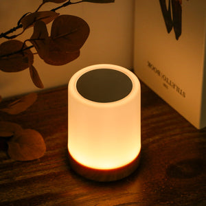 lampe tactile diffusant une lumière d'ambiance chaleureuse sur une table en bois entourée de plantes