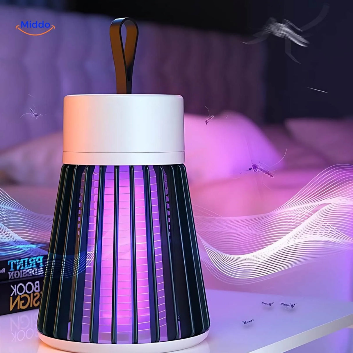 lampe anti-moustiques portable instazap allumée dans une chambre à coucher