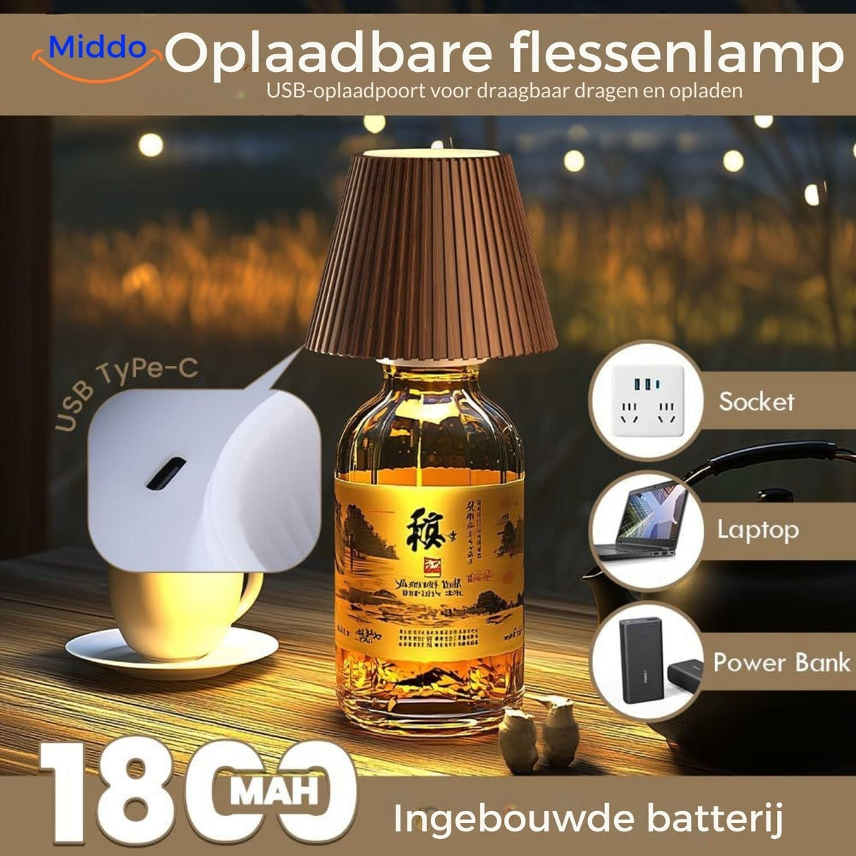 lampe bouteille rechargeable par usb avec batterie intégrée, pratique et sans fil