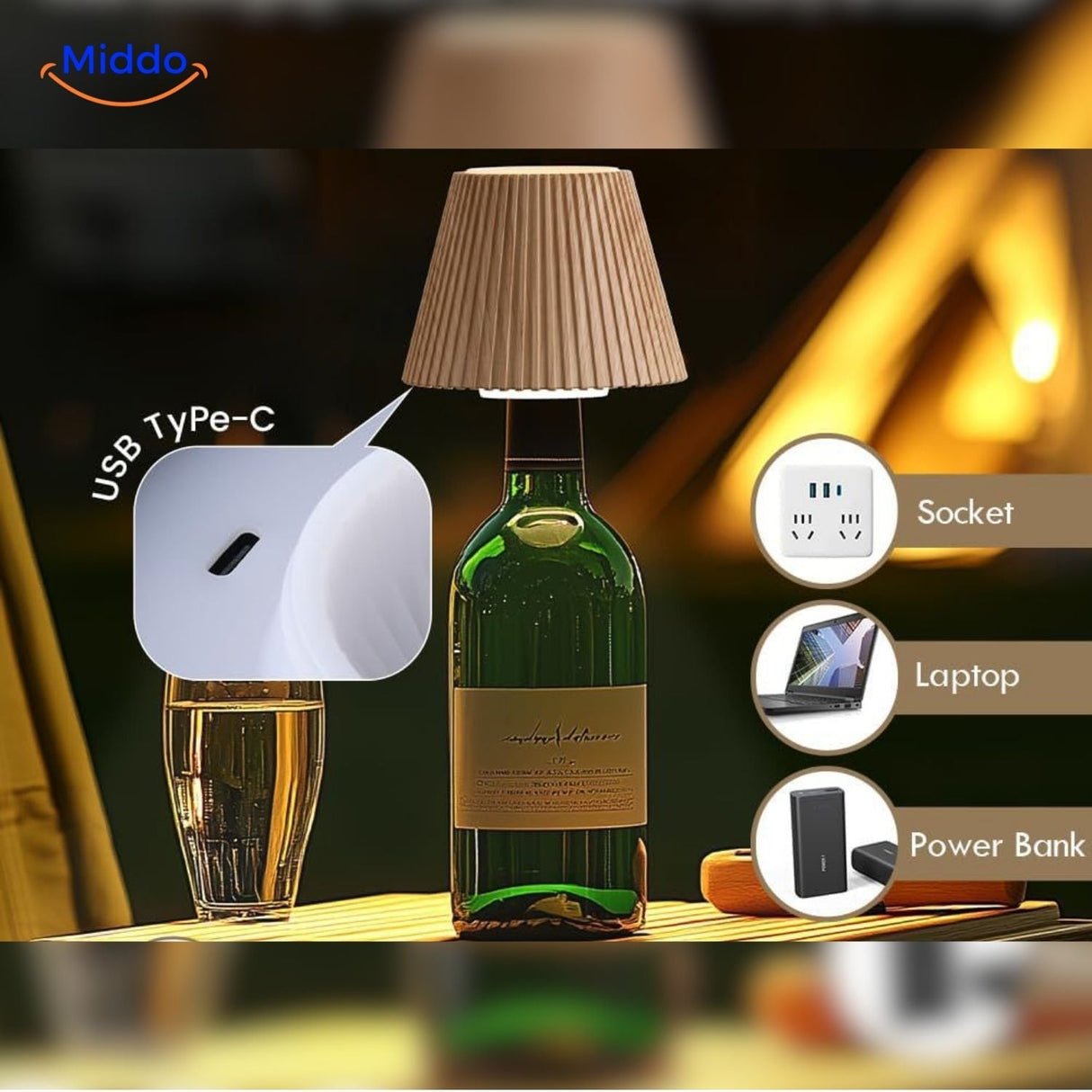 lampe led pour bouteille de vin rechargeable via câble usb-c, autonomie longue durée