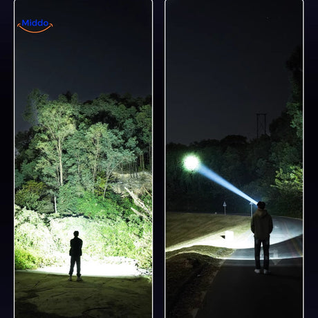 comparaison entre le faisceau large et le faisceau focalisé de la lampe frontale rechargeable