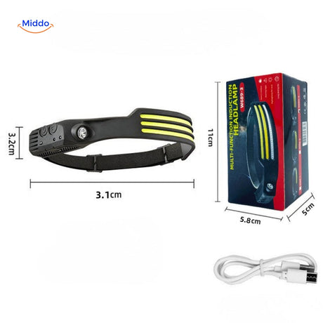 lampe frontale rechargeable avec dimensions et emballage de la variante produit