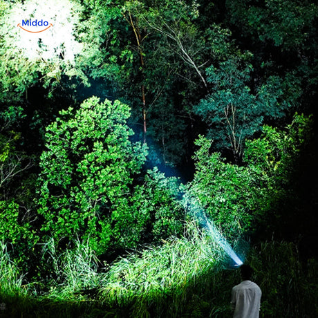 lampe frontale projetant un faisceau puissant dans une forêt en pleine obscurité