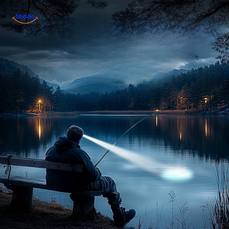 lampe frontale utilisée pour la pêche de nuit avec un faisceau led puissant sur l'eau