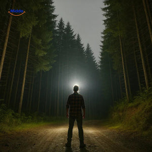 lampe frontale avec rayon lumineux intense éclairant un chemin forestier la nuit