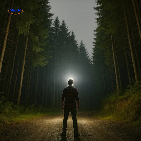 lampe frontale avec rayon lumineux intense éclairant un chemin forestier la nuit
