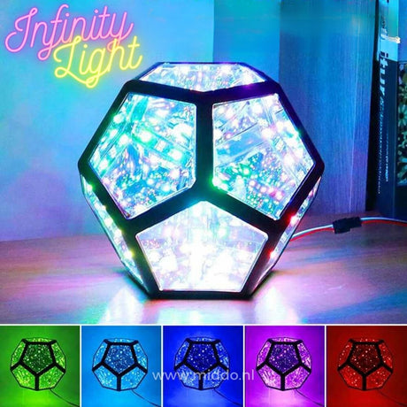 lampe infinity light dans une chambre au style sci-fi, utilisée comme objet décoratif lumineux