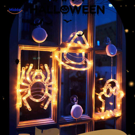guirlande led halloween araignée, chapeau de sorcière et fantôme, décoration lumineuse orange pour fenêtre