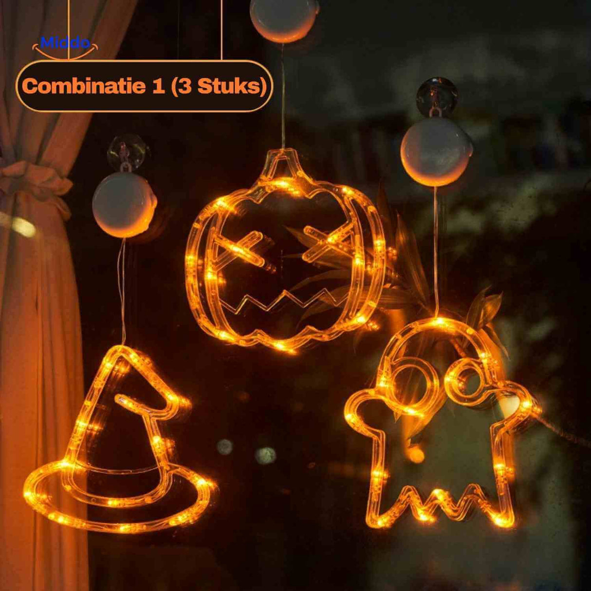 guirlande lumineuse halloween avec citrouille, chapeau de sorcière et fantôme, décoration de fenêtre orange led