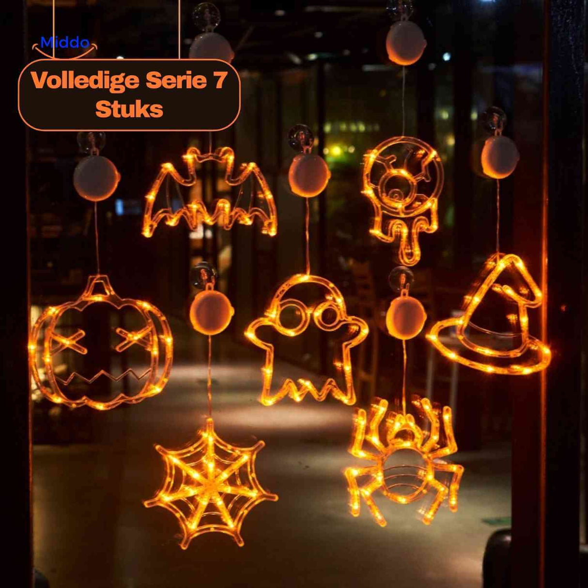 set complet 7 pièces guirlande led halloween, décoration de fenêtre lumineuse orange festive