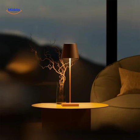 lampe led sans fil coloris marron avec base carrée, étanche ip54, rechargeable usb-c