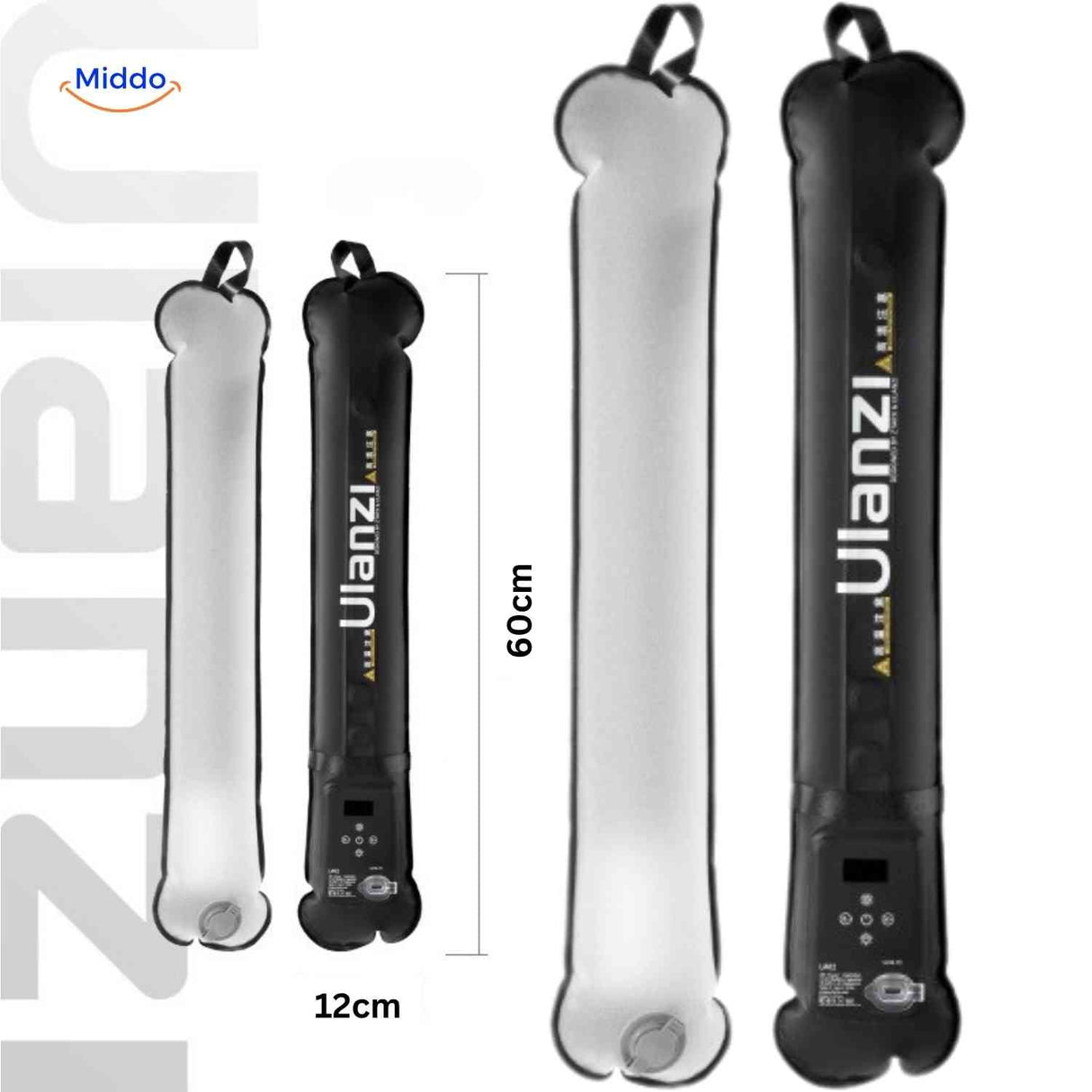 lampe LED tube gonflable de 60 cm de longueur et 12 cm de diamètre, dimensions détaillées