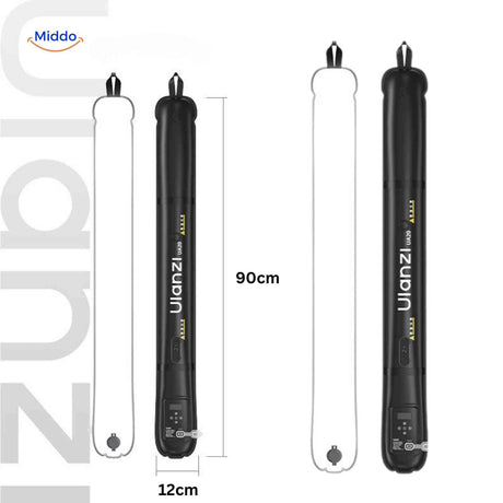lampe LED tube gonflable avec dimensions indiquées 90 cm de long et 12 cm de diamètre