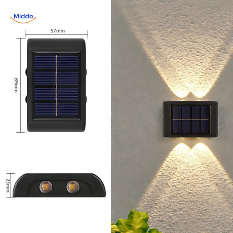 applique solaire murale double tête en lumière blanche chaude, ambiance douce pour l'extérieur