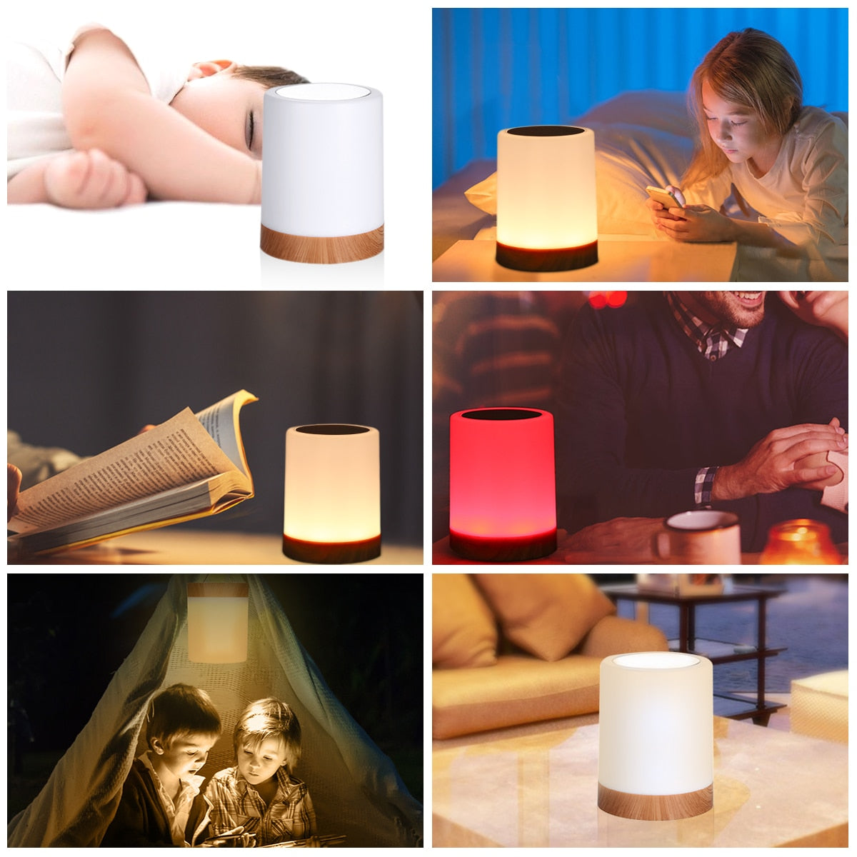 lampe tactile rechargeable dans différents espaces de vie avec plusieurs coloris d'ambiance
