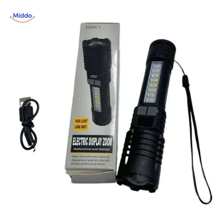 contenu du kit lampe torche led : boîte, câble usb de recharge et dragonne de poignet