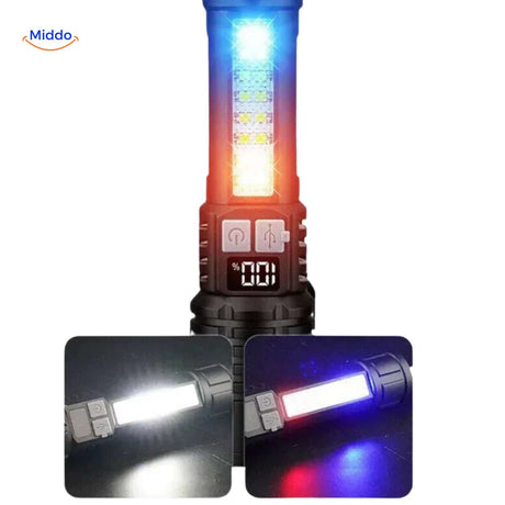 lampe torche led avec trois modes d'éclairage : blanc puissant, rouge et bleu d'urgence