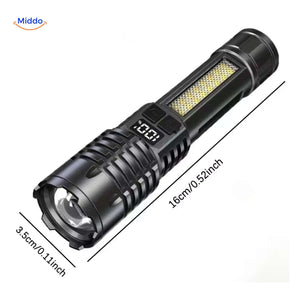 lampe torche led compacte avec écran indicateur et dimensions affichées pour référence