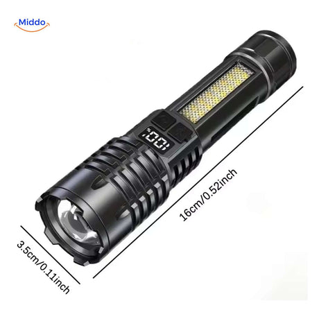 lampe torche led compacte avec écran indicateur et dimensions affichées pour référence