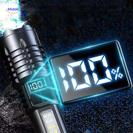 lampe torche led avec écran affichant 100% de charge, indicateur de batterie précis