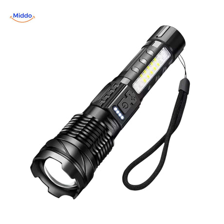lampe torche led durable avec éclairage latéral intégré et dragonne de transport
