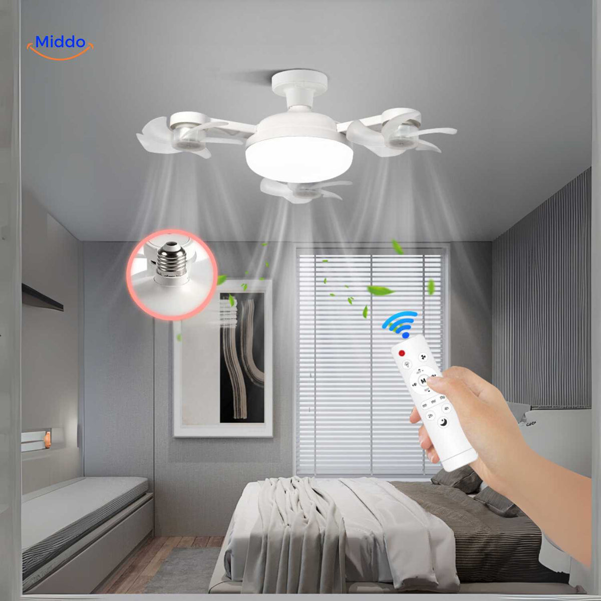 lampe ventilateur de plafond avec télécommande, lumière froide réglable et culot E27