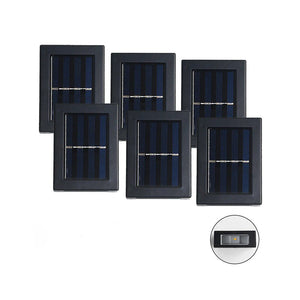set de six lampes solaires LED extérieures alignées sur fond blanc