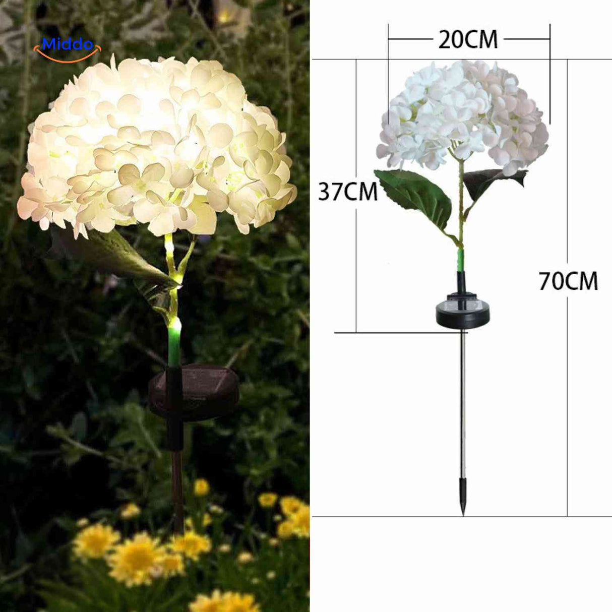 lanterne solaire hortensia blanche avec dimensions indiquées hauteur 70 cm