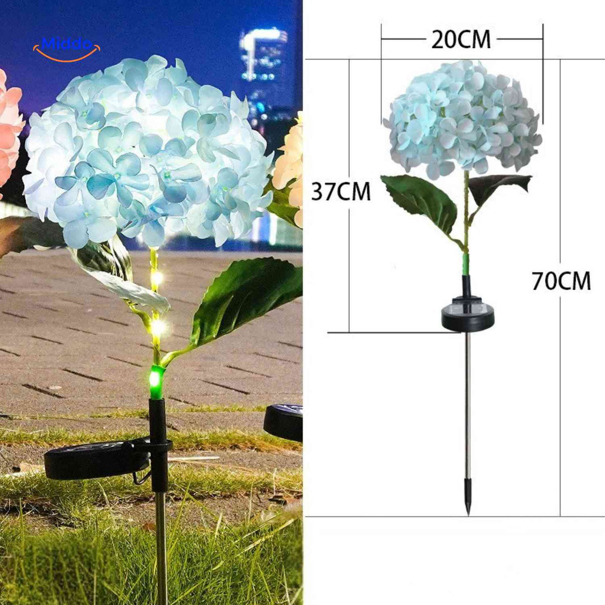 lanterne solaire hortensia bleu avec dimensions indiquées hauteur 70 cm