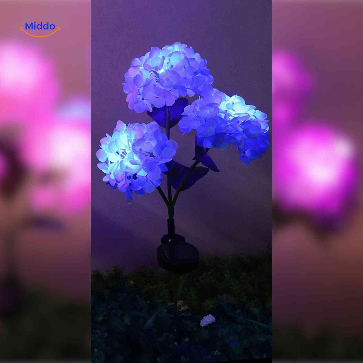 lanterne solaire hortensia bleu trois branches led lumière douce pour jardin