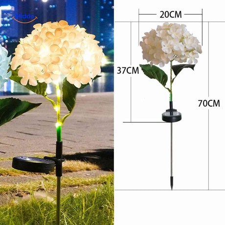 lanterne solaire hortensia jaune avec dimensions indiquées hauteur 70 cm